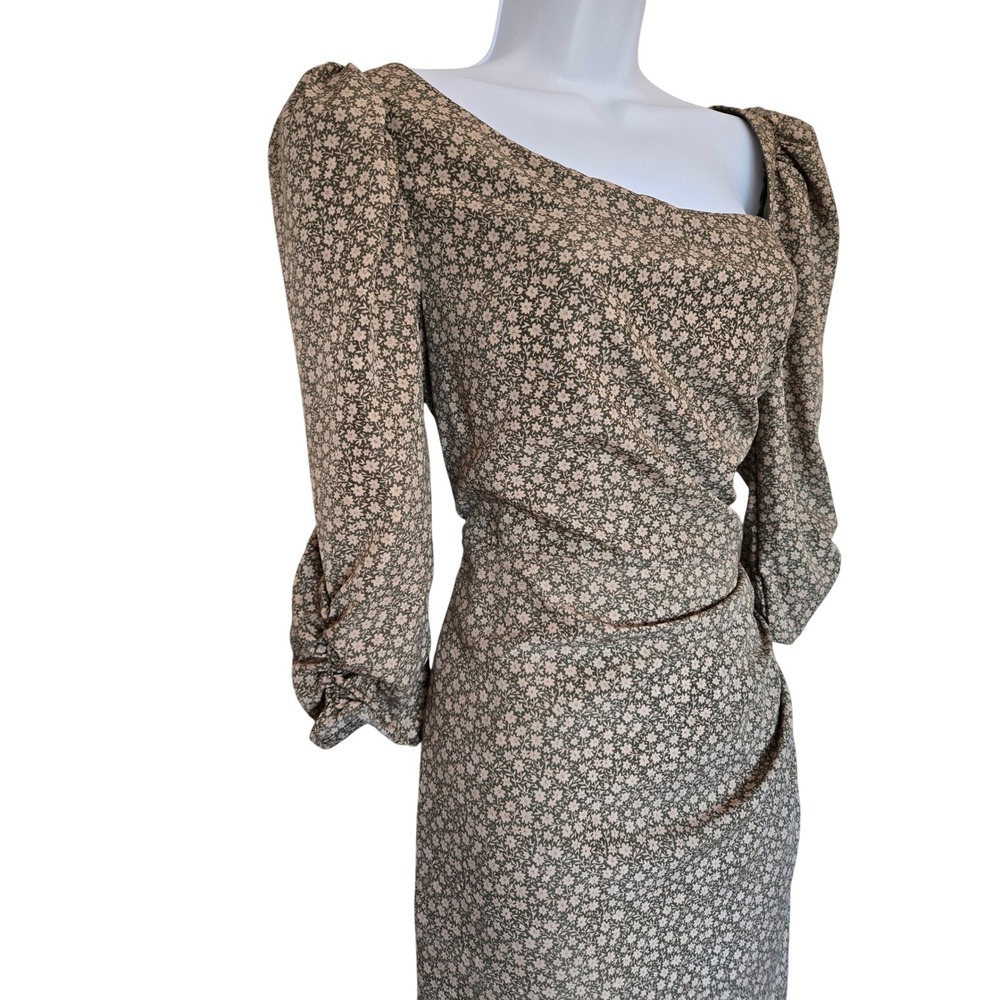 ASTR Green Floral Rushed Midi Dress Size M Cottagecore Romantic Puff Sleeve Chic - Picture 3 of 11